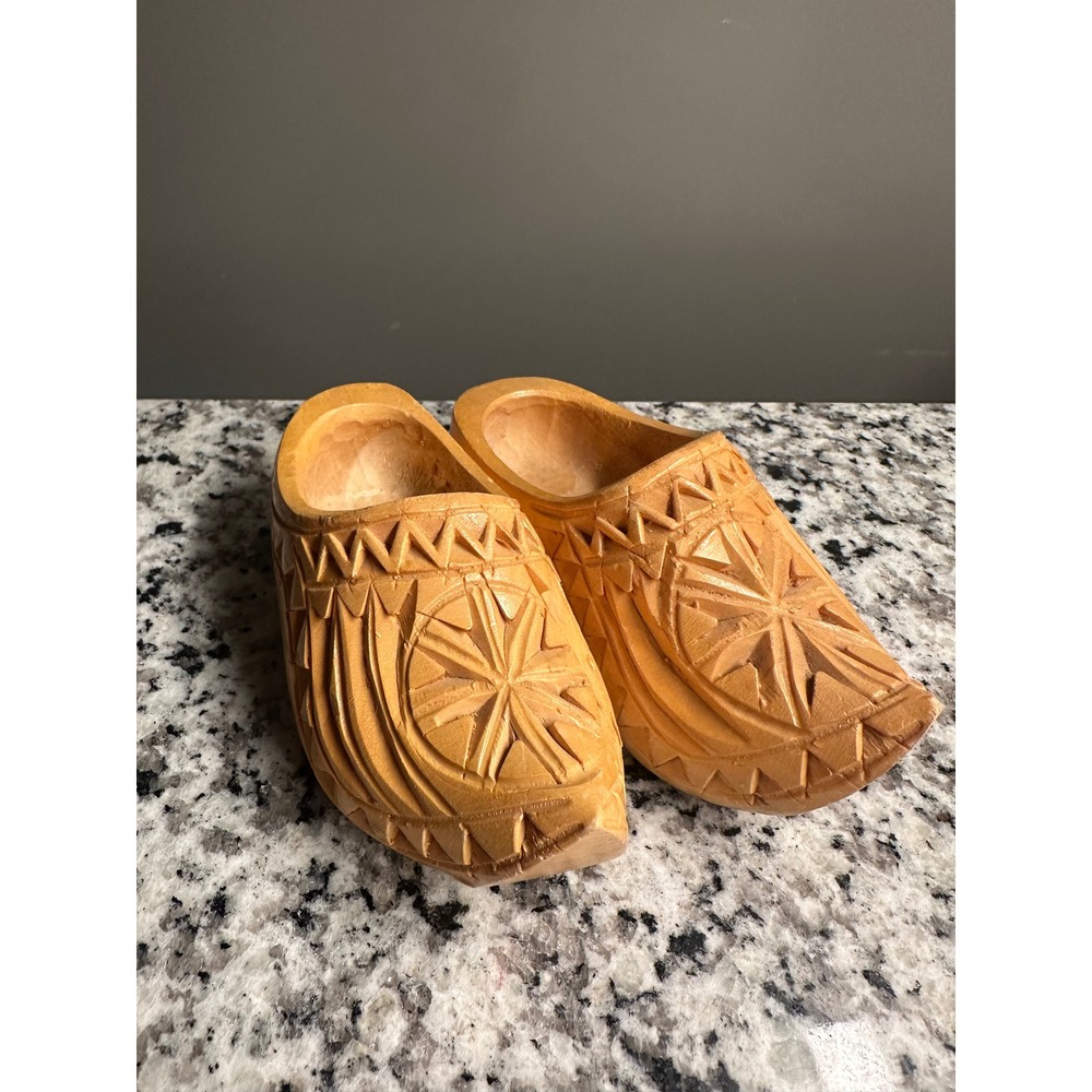 Hand Carved Wooden Clogs Miniatures Pair Folk‎ Art Decorative Shoes